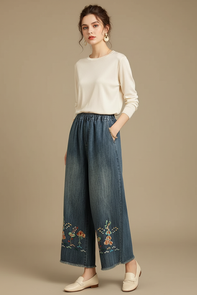 Pantalon Japonais Denim Ample Brodé Femme - Bleu Jean