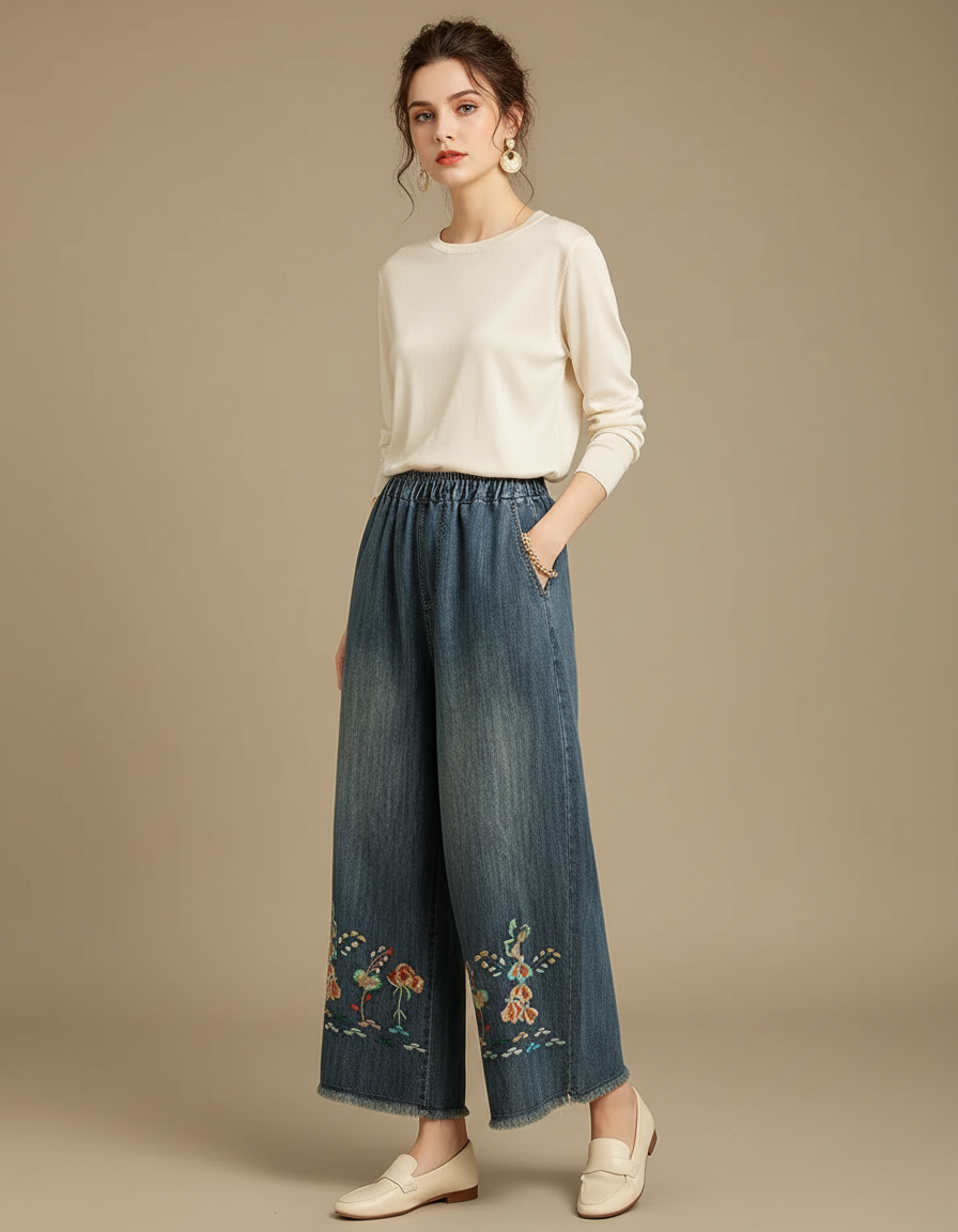 Pantalon Japonais Denim Ample Brodé Femme - Bleu Jean