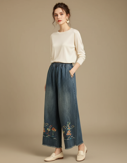 Pantalon Japonais Denim Ample Brodé Femme - Bleu Jean