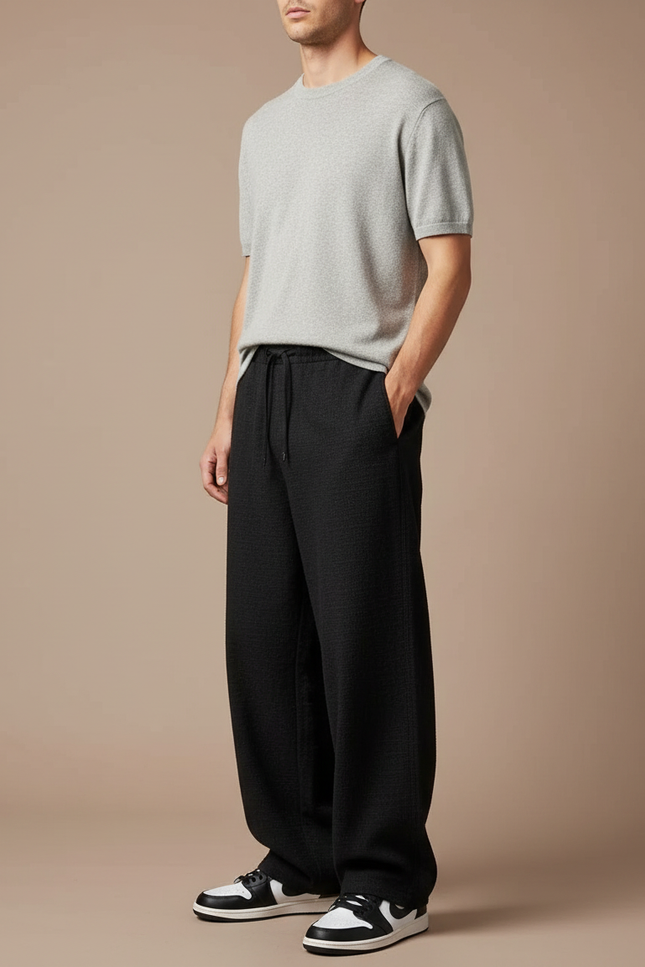 Pantalon Japonais Noir Ample Texturé Décontracté Homme - Maille
