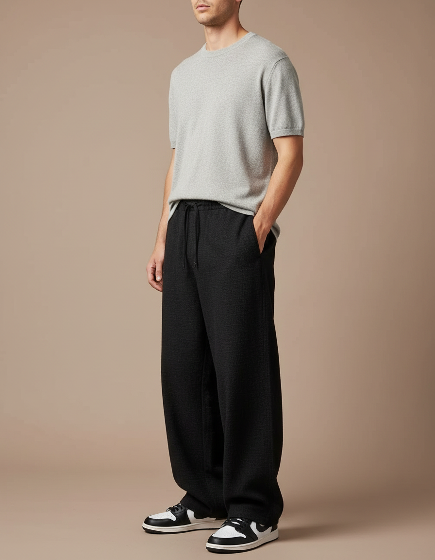 Pantalon Japonais Noir Ample Texturé Décontracté Homme - Maille