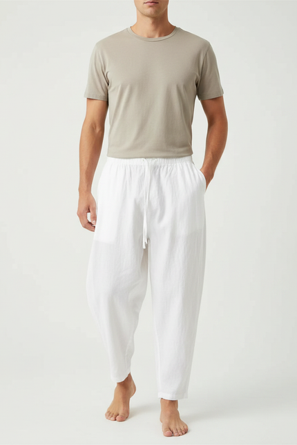 Pantalon Japonais Blanc Fluide Ample Coton Cordon - Lin