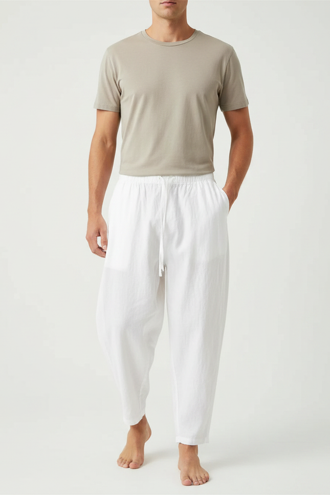 Pantalon Japonais Blanc Fluide Ample Coton Cordon - Lin