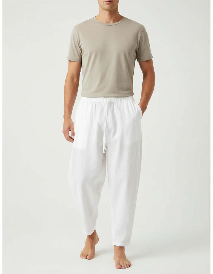 Pantalon Japonais Blanc Fluide Ample Coton Cordon - Lin