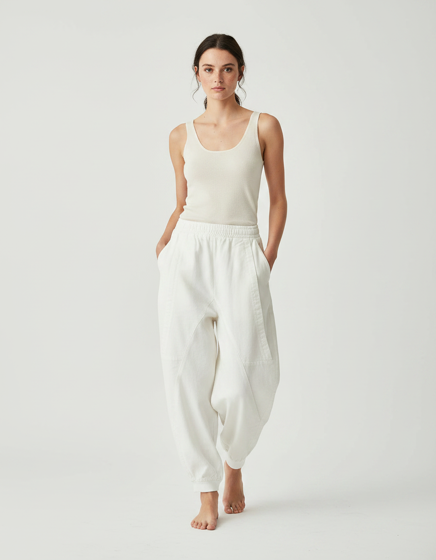 Pantalon Japonais Blanc Ample Coton Fluide Décontracté