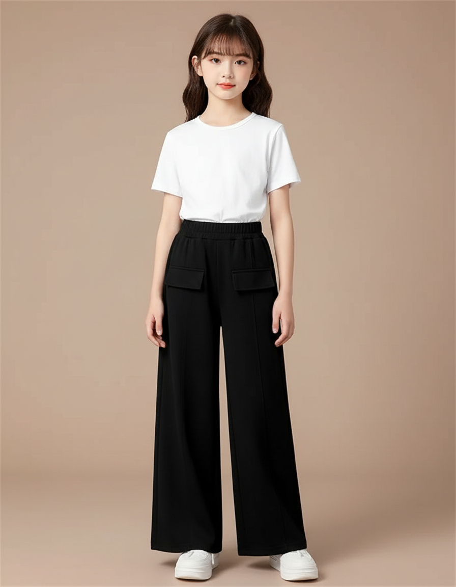 Pantalon Japonais Noir Ample Taille Haute Enfant - Polyester