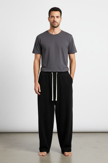 Pantalon Japonais Noir Ample Cordon Décontracté Confortable - Molleton