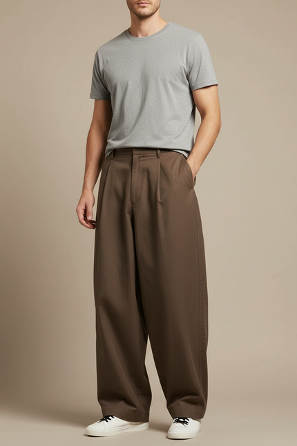 Pantalon Japonais Marron Ample Plissé Décontracté Homme - Gabardine