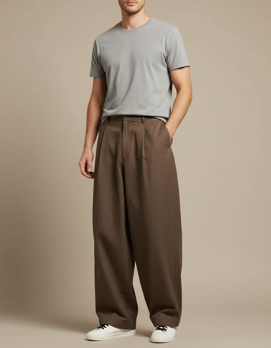 Pantalon Japonais Marron Ample Plissé Décontracté Homme - Gabardine