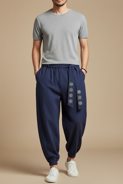 Pantalon Japonais Bleu Marine Coton Ample Brodé Ceinturé - Lin