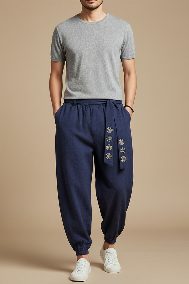 Pantalon Japonais Bleu Marine Coton Ample Brodé Ceinturé - Lin