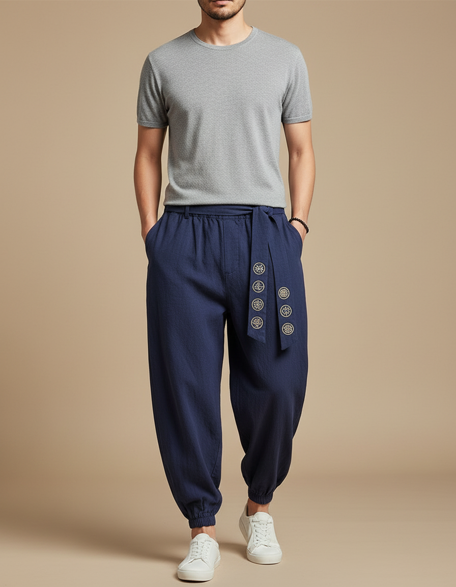 Pantalon Japonais Bleu Marine Coton Ample Brodé Ceinturé - Lin