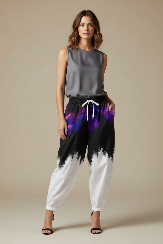 Pantalon Japonais Noir Blanc Imprimé Arbres Fluide Femme - Multicolore Viscose