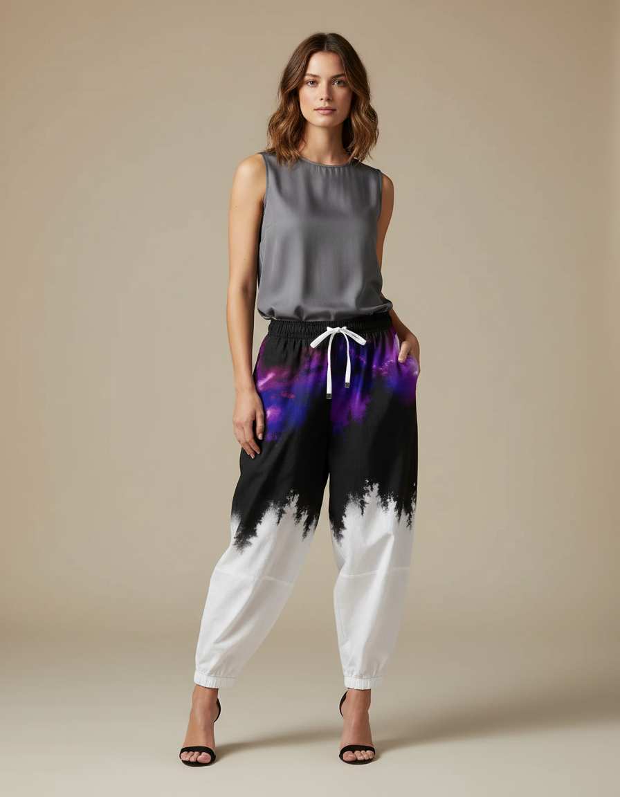 Pantalon Japonais Noir Blanc Imprimé Arbres Fluide Femme - Multicolore Viscose