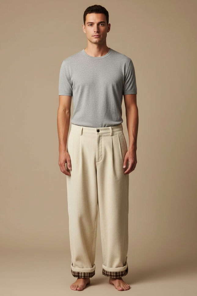 Pantalon Japonais Côtelé Crème Ample Plissé Plaid - Beige Cordé