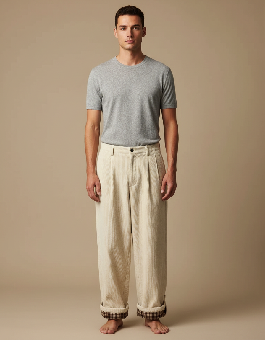 Pantalon Japonais Côtelé Crème Ample Plissé Plaid - Beige Cordé
