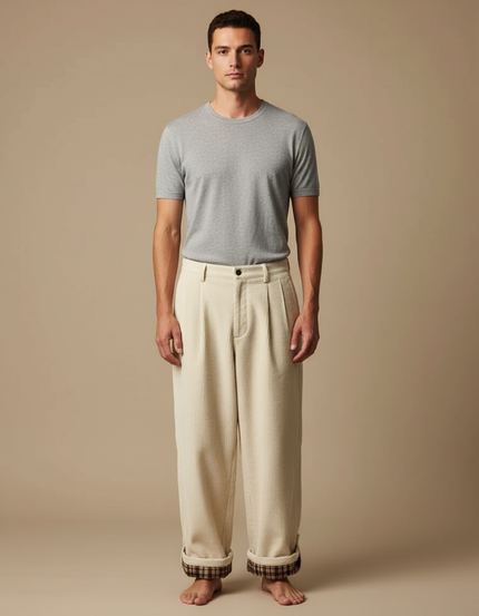 Pantalon Japonais Côtelé Crème Ample Plissé Plaid - Beige Cordé