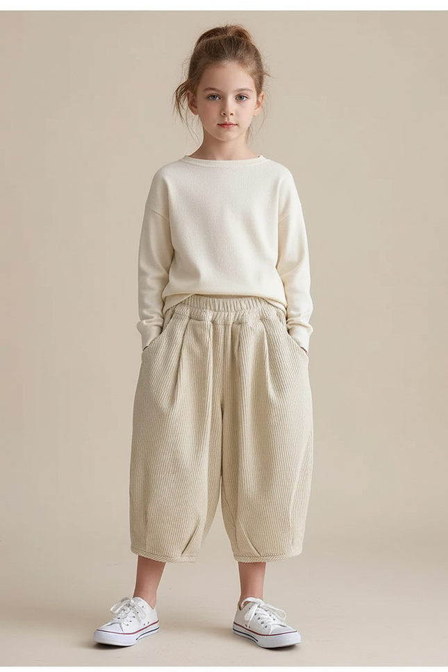 Pantalon Japonais Beige Côtelé Ample Confortable - Cordé