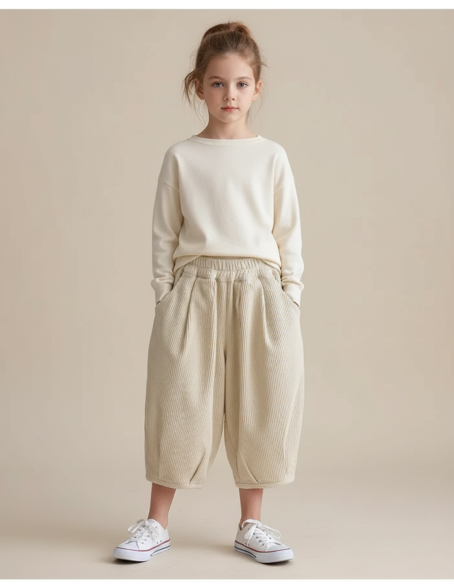 Pantalon Japonais Beige Côtelé Ample Confortable - Cordé