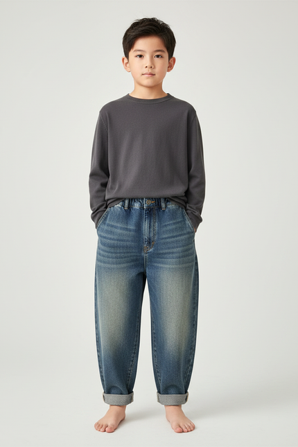 Pantalon Japonais Denim Ample Dégradé Enfant Décontracté - Bleu Jean