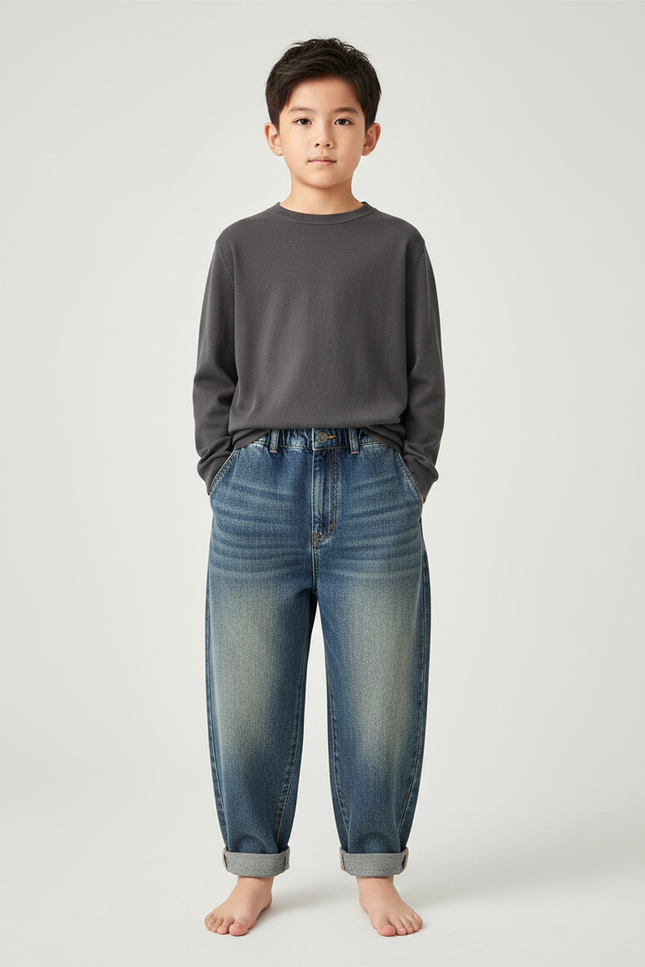 Pantalon Japonais Denim Ample Dégradé Enfant Décontracté - Bleu Jean