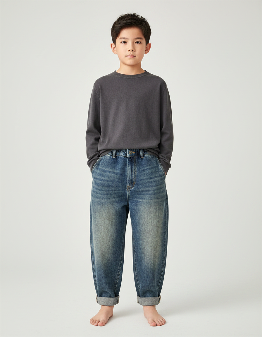 Pantalon Japonais Denim Ample Dégradé Enfant Décontracté - Bleu Jean