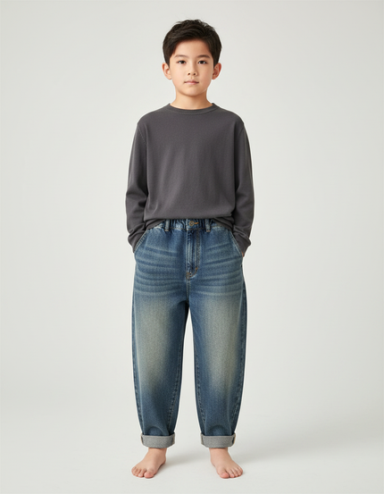 Pantalon Japonais Denim Ample Dégradé Enfant Décontracté - Bleu Jean