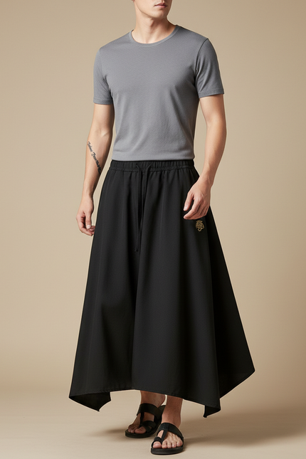 Pantalon Japonais Noir Ample Décontracté Brodé - Polyester