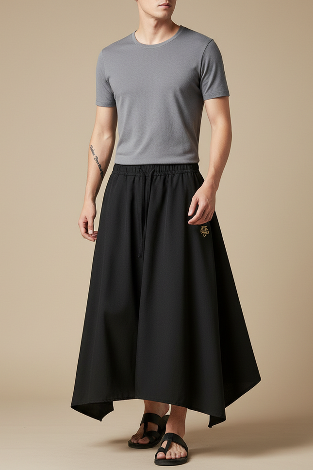 Pantalon Japonais Noir Ample Décontracté Brodé - Polyester