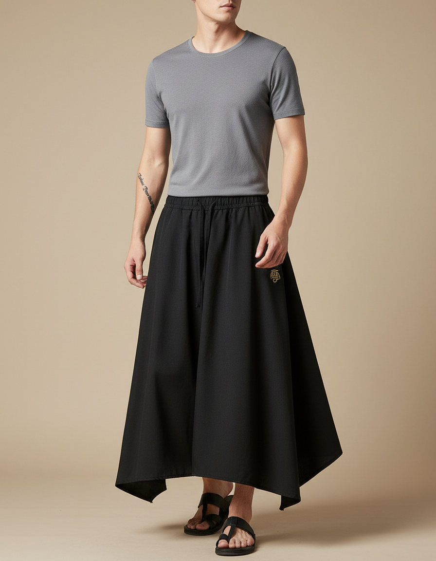 Pantalon Japonais Noir Ample Décontracté Brodé - Polyester