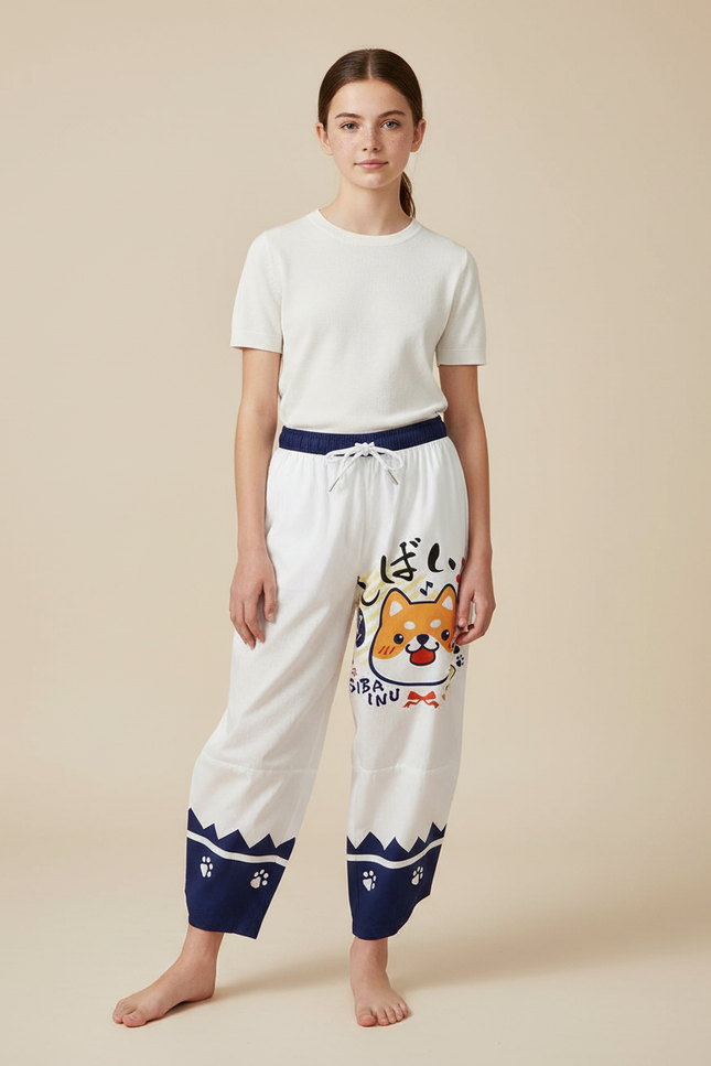 Pantalon Japonais Blanc Ample Shiba Inu Fantaisie - Molleton