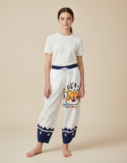 Pantalon Japonais Blanc Ample Shiba Inu Fantaisie - Molleton