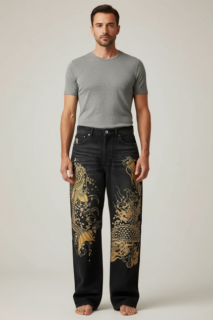 Pantalon Japonais Noir Brodé Ample Dragon Koi - Jean