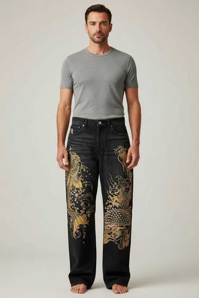 Pantalon Japonais Noir Brodé Ample Dragon Koi - Jean