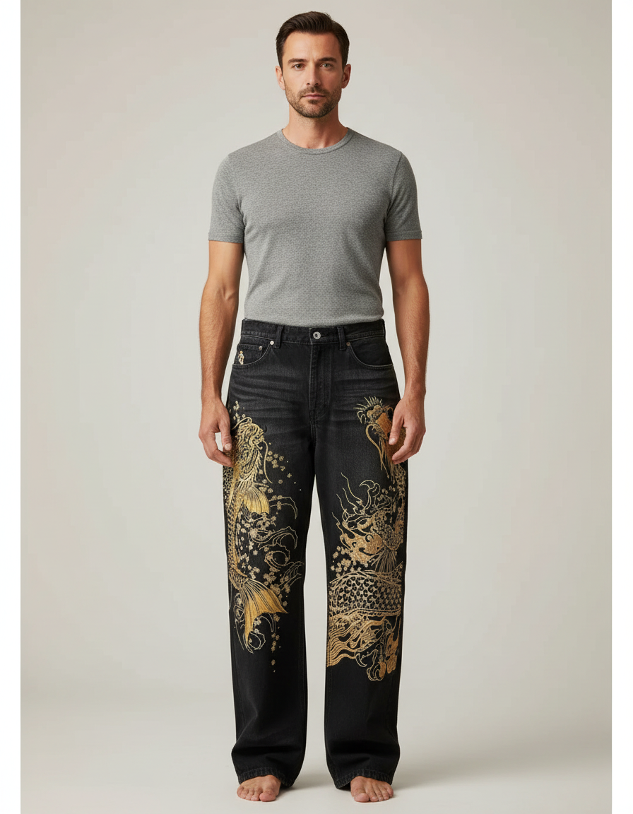 Pantalon Japonais Noir Brodé Ample Dragon Koi - Jean