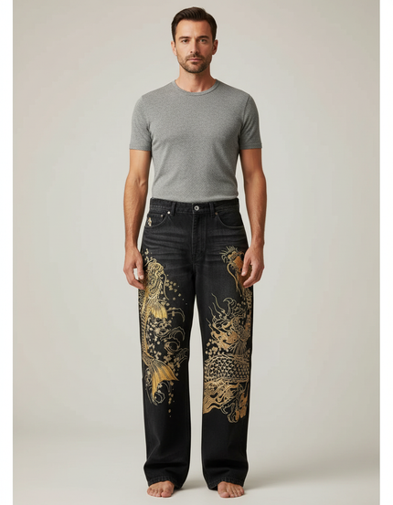 Pantalon Japonais Noir Brodé Ample Dragon Koi - Jean