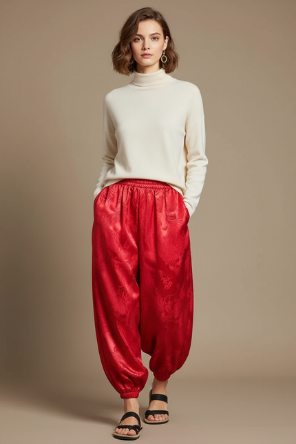 Pantalon Japonais Rouge Soie Dragon Harem Fluide