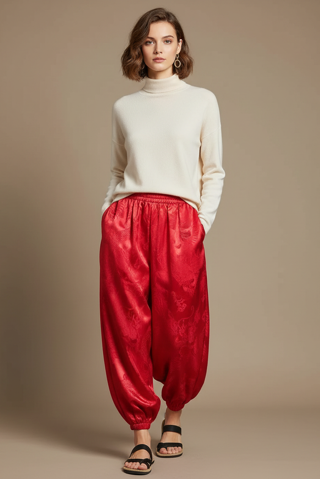 Pantalon Japonais Rouge Soie Dragon Harem Fluide