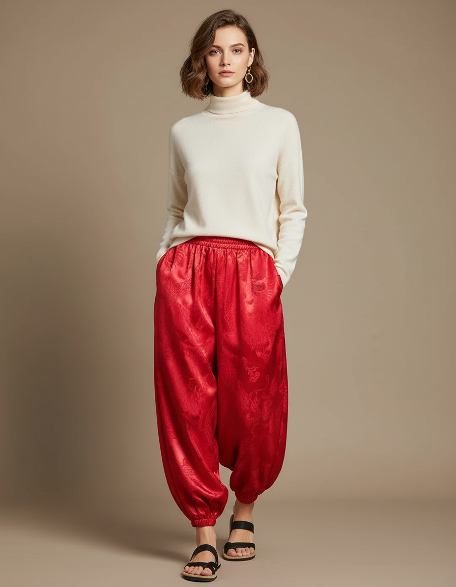 Pantalon Japonais Rouge Soie Dragon Harem Fluide