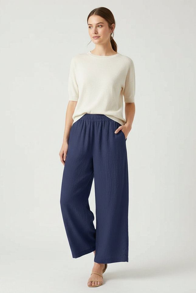 Pantalon Japonais Bleu Marine Ample Décontracté Fluide - Lin