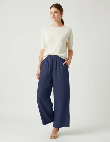 Pantalon Japonais Bleu Marine Ample Décontracté Fluide - Lin