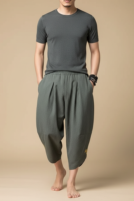 Pantalon Japonais Sarouel Ample Vert Brodé Coton - Lin