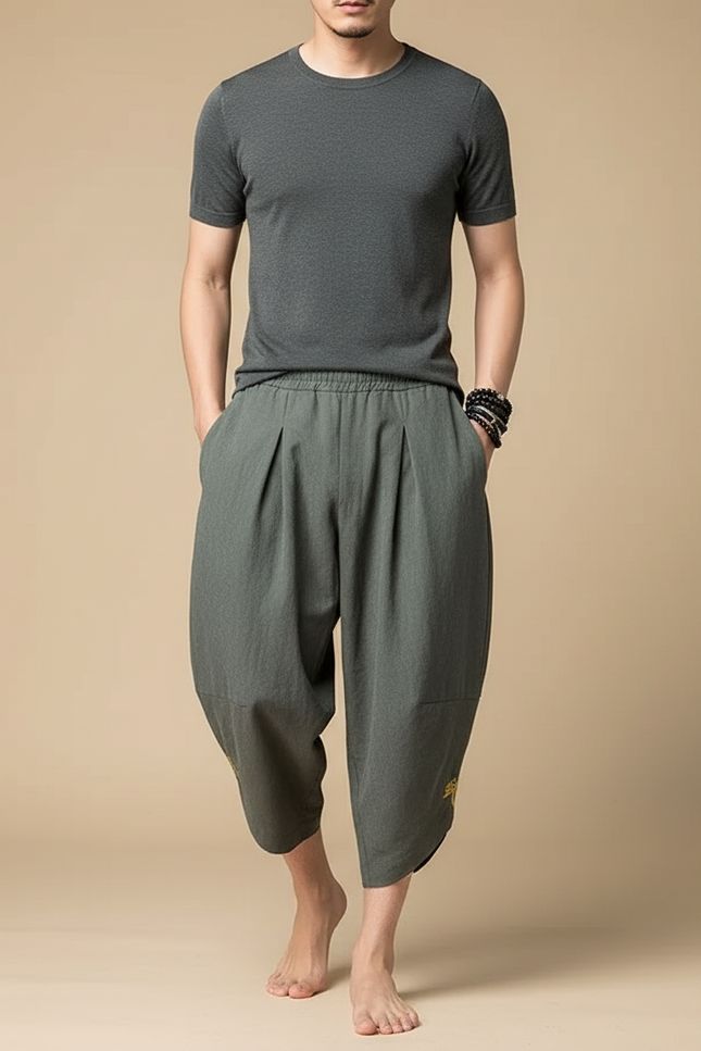 Pantalon Japonais Sarouel Ample Vert Brodé Coton - Lin