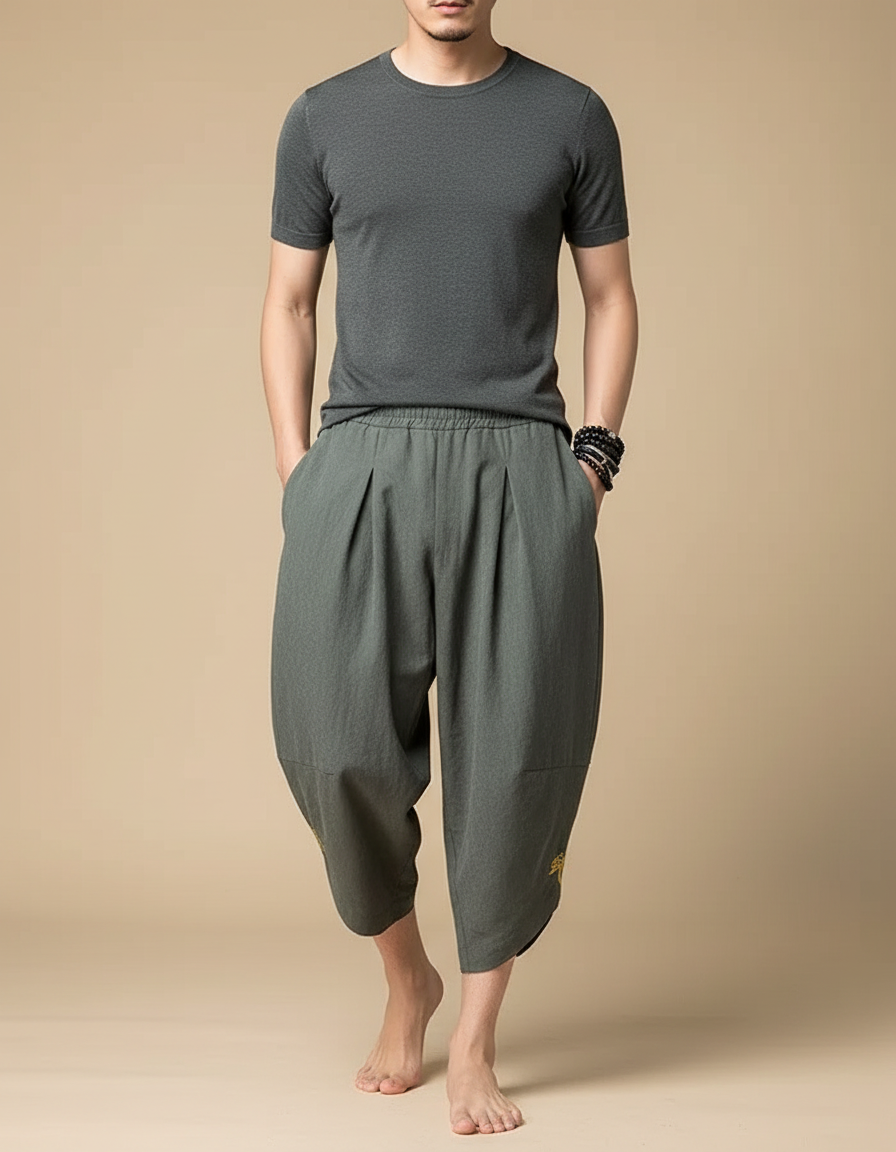 Pantalon Japonais Sarouel Ample Vert Brodé Coton - Lin