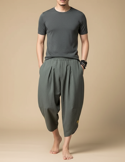 Pantalon Japonais Sarouel Ample Vert Brodé Coton - Lin