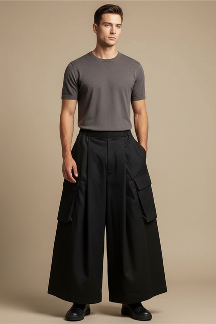 Pantalon Japonais Noir Cargo Ample Plissé Moderne - Gabardine