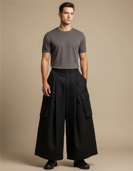 Pantalon Japonais Noir Cargo Ample Plissé Moderne - Gabardine