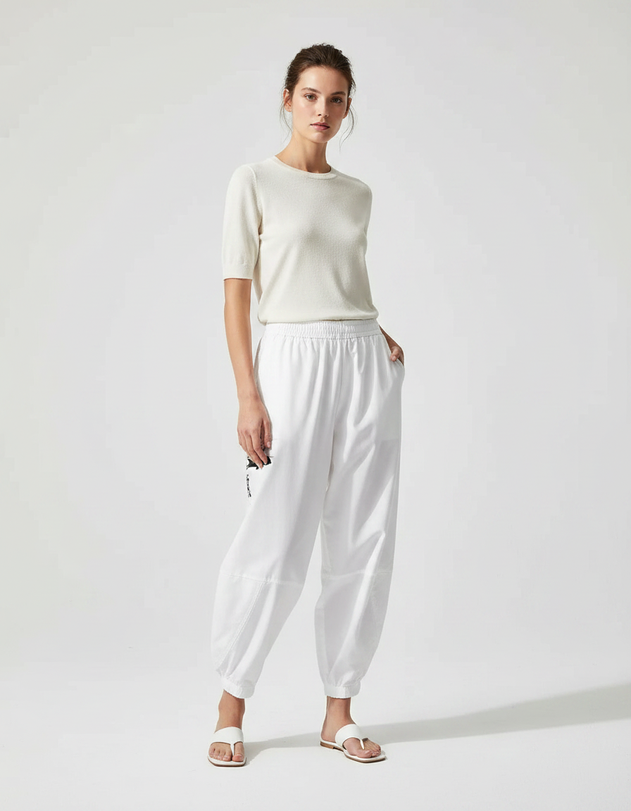 Pantalon Japonais Blanc Fluide Ample Décontracté Coton