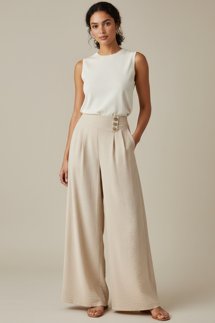Pantalon Japonais Beige Ample Fluide Boutons Femme - Lin