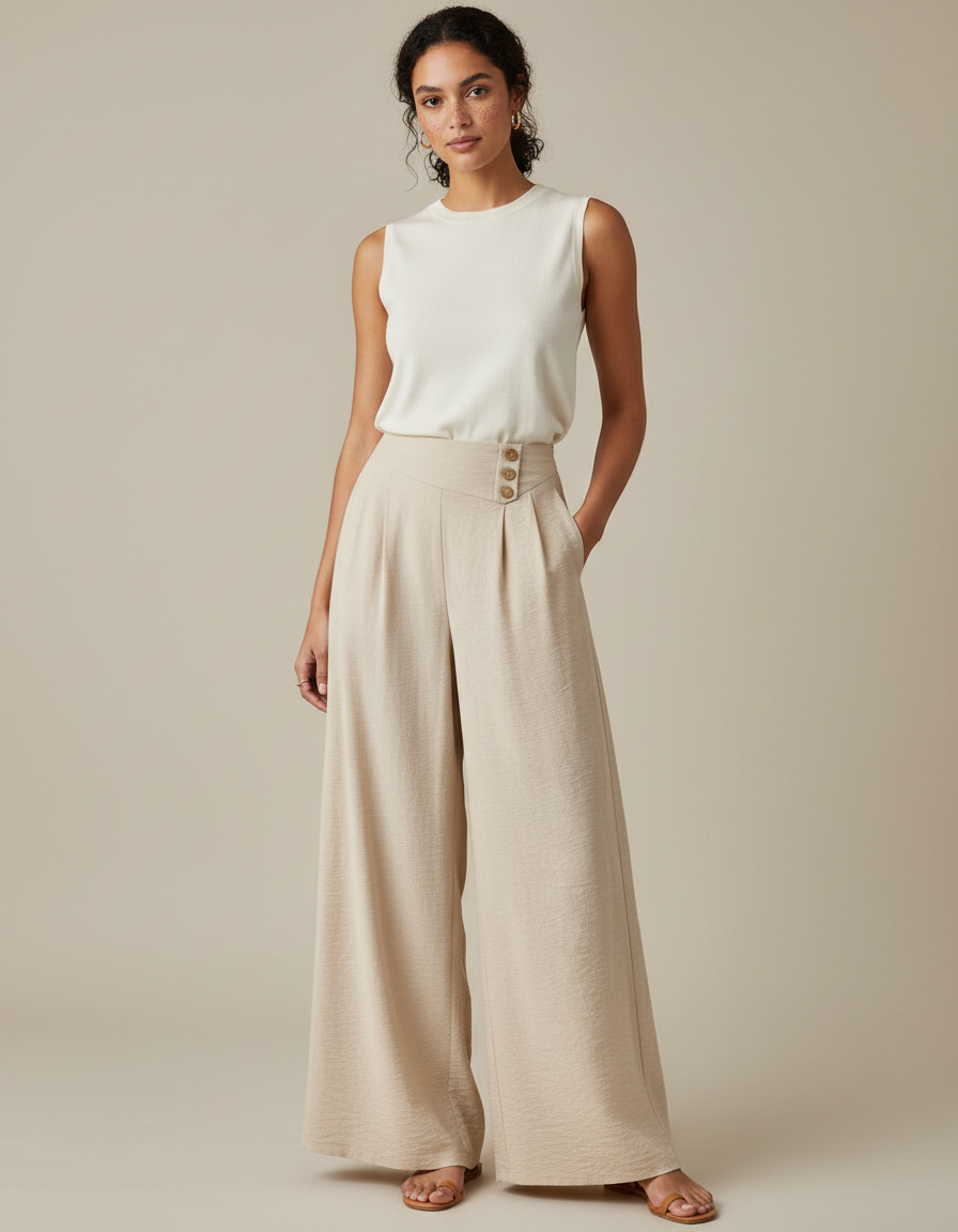 Pantalon Japonais Beige Ample Fluide Boutons Femme - Lin